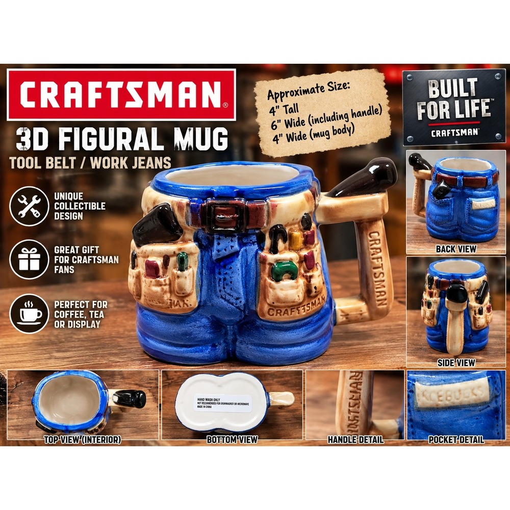 Craftsman 3D Figural Mug Tool Belt Work Jeans Hammer Handle Ceramic Coffee Cup